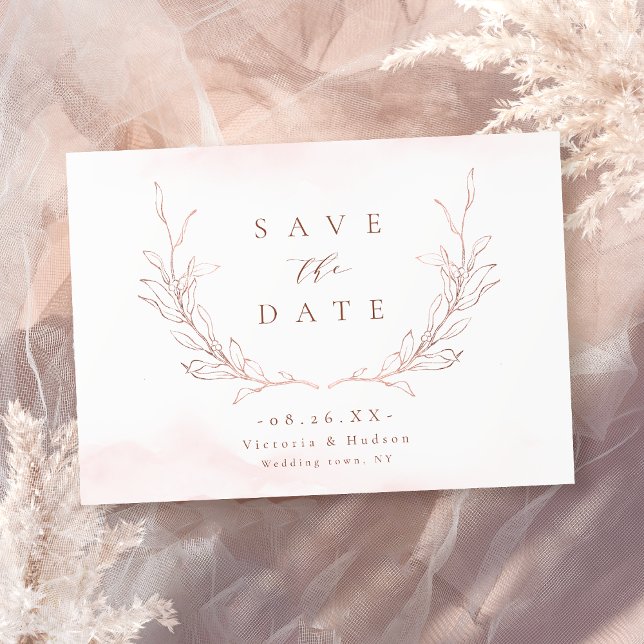 Reserve A Data Rosa dourado simples folhas botânicas elegantes ca (Rose gold simple elegance botanical leaves wedding save the date)
