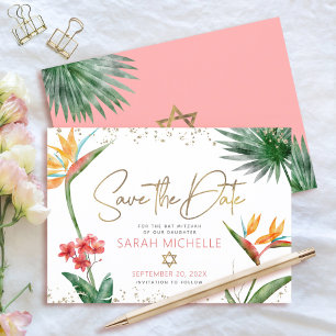 Reserve A Data Rosa Dourado Tropical Bat Mitzvah Floral Palma Mod
