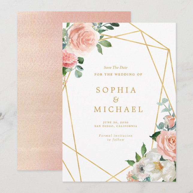 Reserve A Data Rosa Floral Dourado Geométrico Script (Frente/Verso)