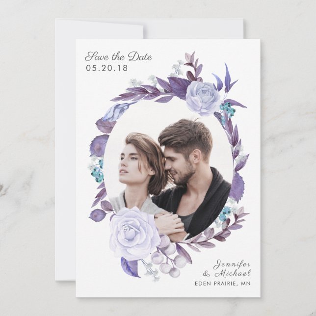 Reserve A Data Rosa Floral Purple Wreath Photo Save the Date (Frente)