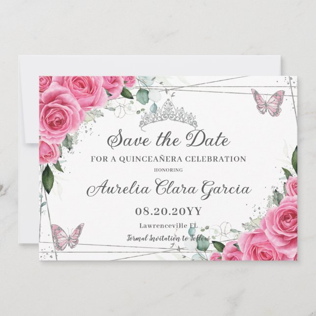 Reserve A Data Rosa Fúcsia Floral Prata Quinceanera XV Doce 16 (Frente)