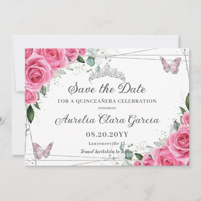 Reserve A Data Rosa Fúcsia Floral Prata Quinze Anos Sweet 16 (Frente)