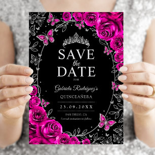 Reserve A Data Rosa Fúcsia Preto Prata Quinceanera Floral