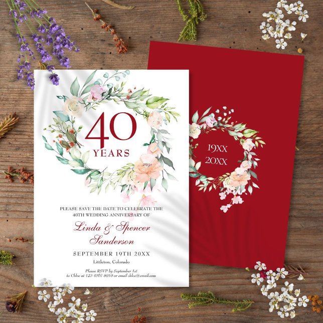 Reserve A Data Rosa Garland 40º Aniversário de Casamento Ruby (Roses Garland 40th Ruby Wedding Anniversary Save The Date)