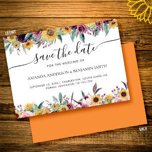 Reserve A Data Rosa Girassol Borgonha Rústico Outono Floral Casam