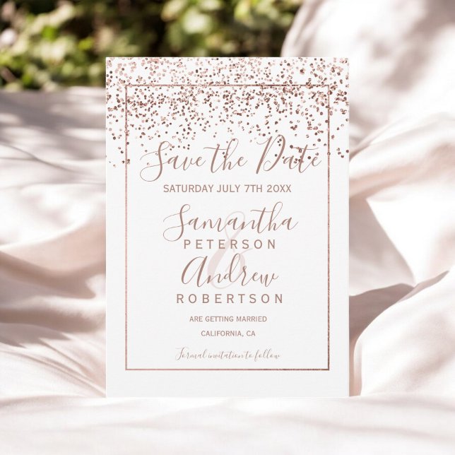 Reserve A Data Rosa gold confetti White, salve a data do casament (Rose gold confetti white save the date wedding)