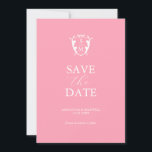 Reserve A Data Rosa Moderno Salvar a Data<br><div class="desc">Anuncie o seu noivado com estes convites minimalistas de "save the date" para o casamento. Eles apresentam uma mistura de tipografia clássica e manuscrita em branco sobre um fundo cor-de-rosa trendy com um brasão monograma no topo. Use os campos do modelo para personalizar com seu nome e data de casamento....</div>