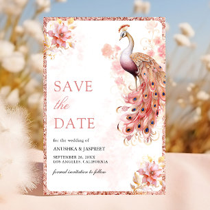 Reserve A Data Rosa Pastel Dourado Floral Casamento Indiano Pavão