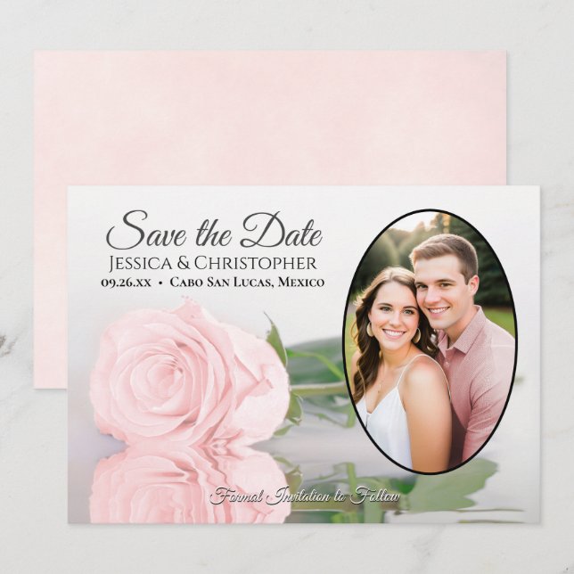 Reserve A Data Rosa Rosa Bege com Foto Oval Casamento Romântico (Frente/Verso)