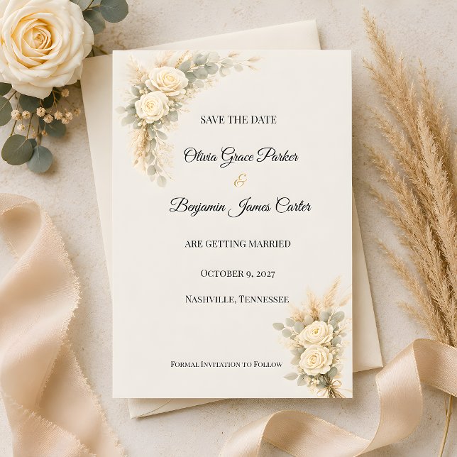 Reserve A Data Rosa Rústica de Luxo Com Grama de Pampas   (Part of the luxury rustic wedding themed collection, save the date card)