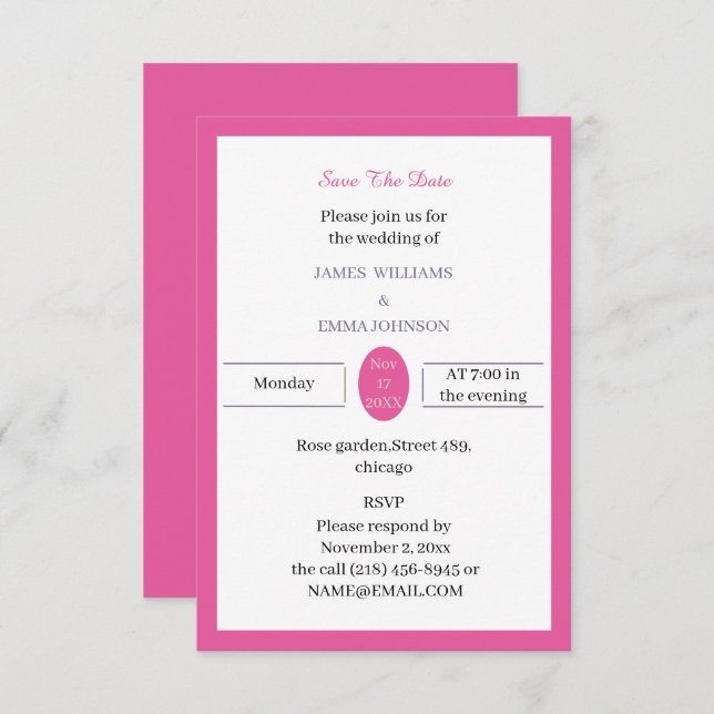 Reserve A Data Rosa simples personalizado (Frente/Verso)