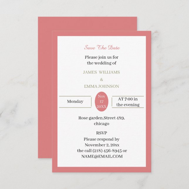 Reserve A Data Rosa simples personalizável (Frente/Verso)