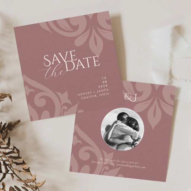 Reserve A Data Rosa Taupe Damask Elegant Classic Photo Casamento (Criador carregado)