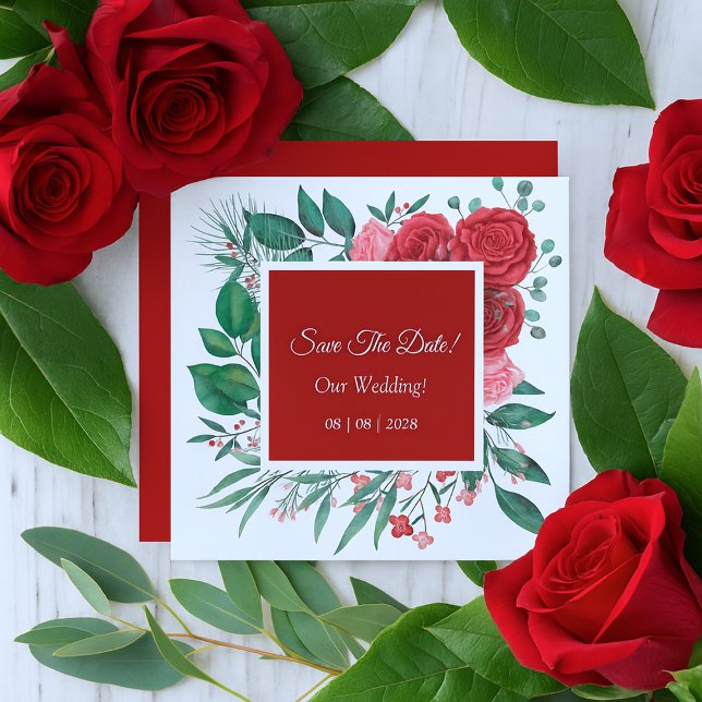 Reserve A Data Rosa vermelha Casamento de Aquarela (Red Rose Watercolor Wedding Save The Date)