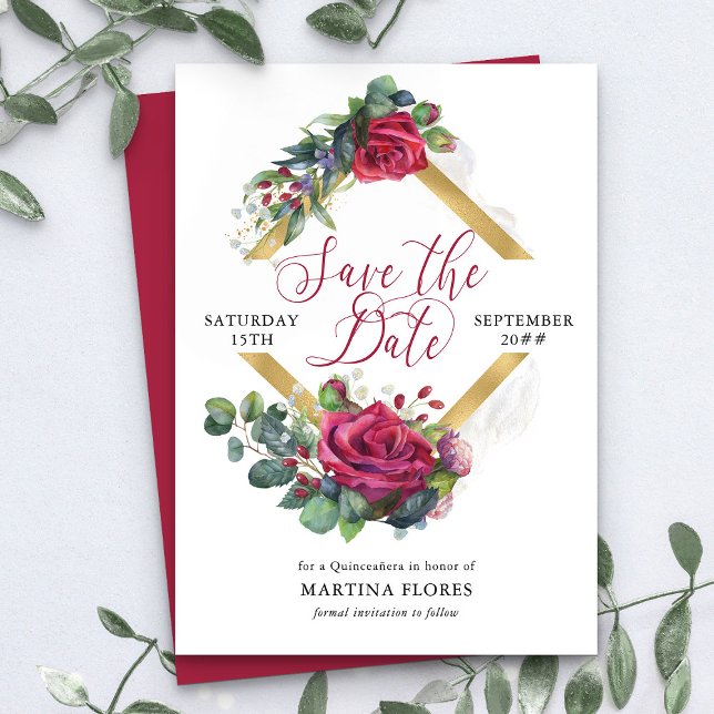 Reserve A Data Rosa vermelha e Eucalyptus Elegante Quinceanera (Save the Date card from my Rose and Eucalyptus Quinceanera collection)