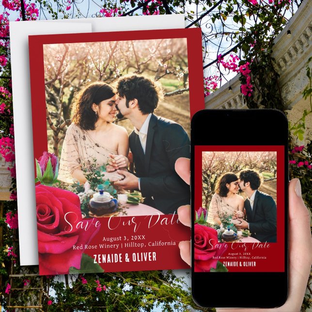 Reserve A Data Rosa vermelha Flat Save The Date Card (Criador carregado)