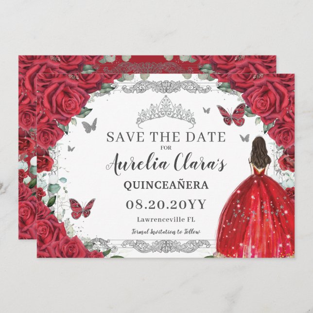 Reserve A Data Rosa vermelha Floral Quinceanera Sweet Dezesseis (Frente/Verso)