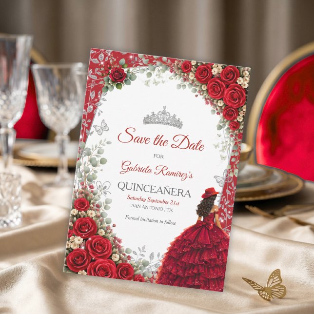 Reserve A Data Rosas Aquarela Vermelhas e Prata Quinceañera (Criador carregado)