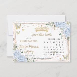 Reserve A Data Rosas Azuis Bebê Floral Dourado Calendário Quincea