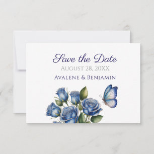 Reserve A Data Rosas Azuis Elegantes Borboleta Prata Casamento