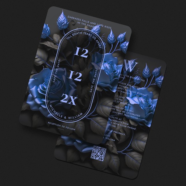 Reserve A Data Rosas Azuis Escuras Góticas Casamento Elegante  (Gothic Boho Navy Blue Floral Simple Wedding Save The Date
)