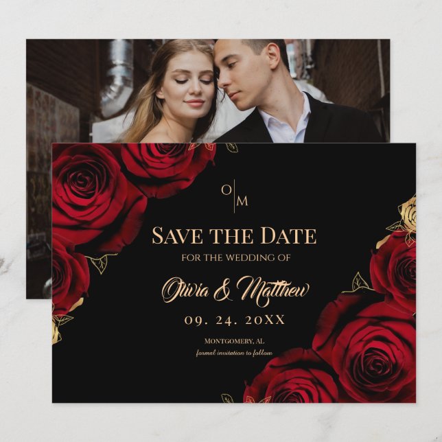 Reserve A Data Rosas Borgonha Casamento preto e vermelho (Frente/Verso)