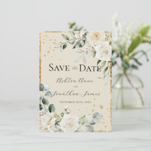 Reserve A Data Rosas Brancas Creme Dourado Casamento Moderno Eleg