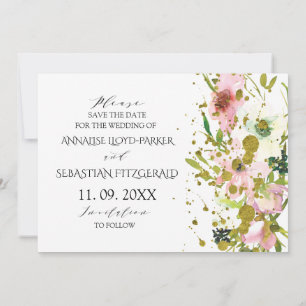 Reserve A Data Rosas brancas e Blush com casamentos dourados