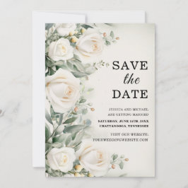 Reserve A Data Rosas Brancas Verde Folhagem Casamento Elegante