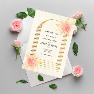 Reserve A Data Rosas Creme Elegantes em Moldura Dourada Luxo Casa