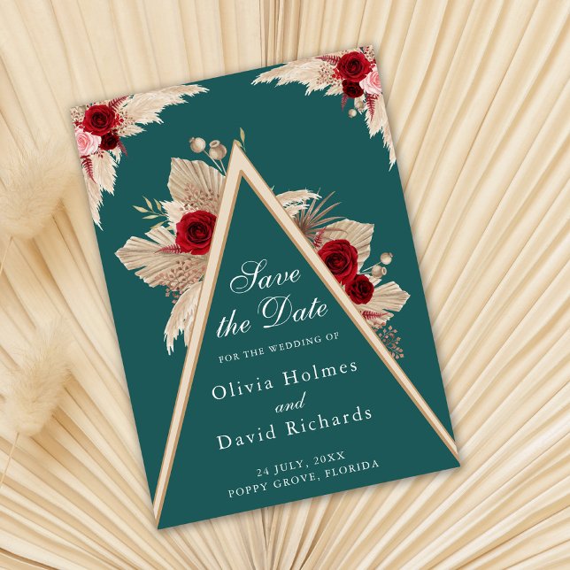 Reserve A Data Rosas de Borgonha no Teal Salve a Placa de Data (Burgundy Roses on Teal Save the Date Card on dry palm leaf )