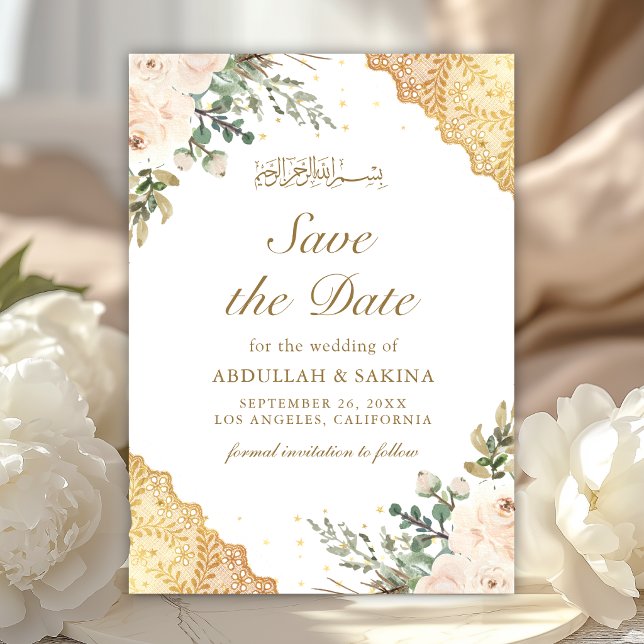 Reserve A Data Rosas de Creme Suave com Renda Dourada Casamento M (Criador carregado)