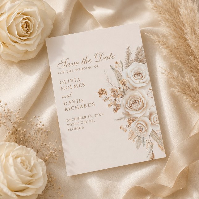 Reserve A Data Rosas de Marfim Neutro Salve a Data (Ivory Roses Neutral Save the Date with ivory roses)