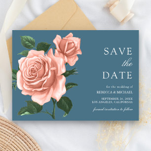 Reserve A Data Rosas de Pêssego Azul Empoeirado Rústico Casamento