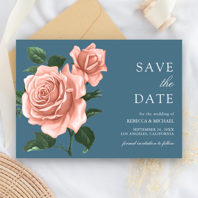 Reserve A Data Rosas de Pêssego Azul Empoeirado Rústico Casamento (Criador carregado)