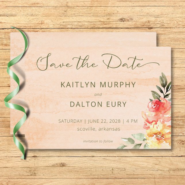 Reserve A Data Rosas de Pêssego e Laranja Amarelo Russo (Rustic Yellow Orange & Peach Roses Save The Date)