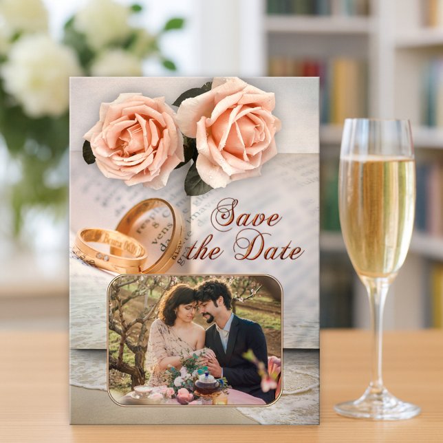 Reserve A Data Rosas de Pêssego Folhas de Fotografias Salvar Cart (Save the Date card featuring your photo framed by a book design with peach roses and wedding rings)