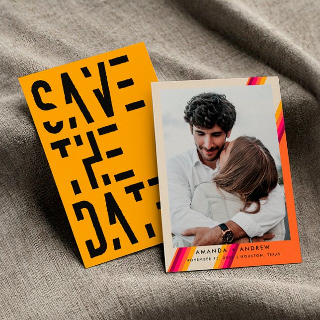 Reserve A Data Rosas e Laranjas Vibrantes Listras Retrô Anos 70 C (Front / Back)