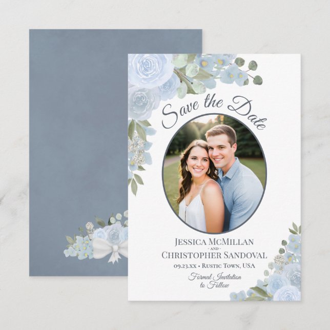 Reserve A Data Rosas em Aquarela Azul Desbotado e Casamento Rústi (Frente/Verso)
