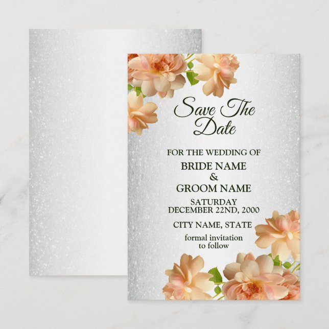 Reserve A Data Rosas Pêssego Floral Prata Brilho Elegante Casamen (Frente/Verso)