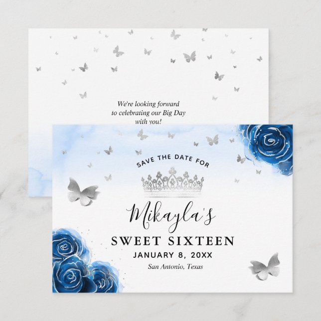 Reserve A Data Rosas Prateadas e Azul Real Elegantes Salve a Data (Frente/Verso)