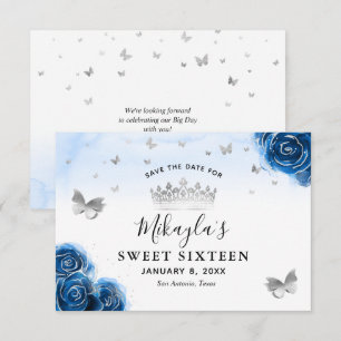 Reserve A Data Rosas Prateadas e Azul Real Elegantes Salve a Data