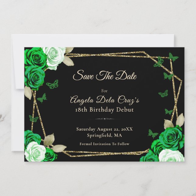 Reserve A Data Rosas Pretas Elegantes Douradas e Verdes Debut de  (Frente)
