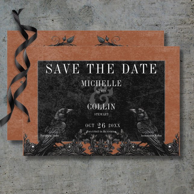 Reserve A Data Rosas Pretos Góticos, Raven e Negras Casamento por (Gothic Black Raven & Black Roses Rust Wedding Save The Date Card)