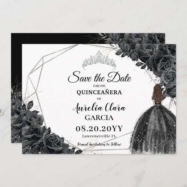 Reserve A Data Rosas Pretos Vestido Floral XV 15 Silver Quinceañe (Frente/Verso)