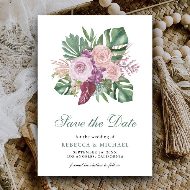 Reserve A Data Rosas Rosa Empoeirado Monstera Tropical Casamento (Criador carregado)