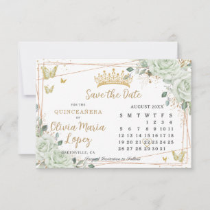 Reserve A Data Rosas Verde Salvia Floral Dourado Calendário Quinc