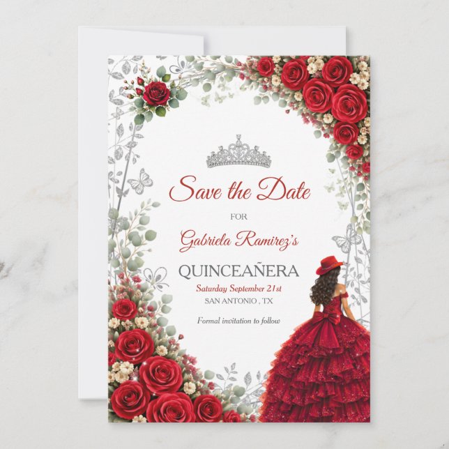Reserve A Data Rosas Vermelhas Borboletas Prateadas Quinceañera (Frente)