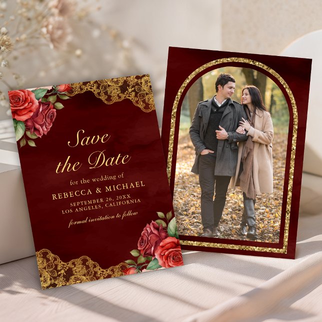 Reserve A Data Rosas Vermelhas Renda Dourada Foto Casamento Marro (Criador carregado)
