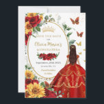 Reserve A Data Rosas vermelhas Sunflower Princess Dourada Quincea<br><div class="desc">Personalize este bonito girassol Quinceañera / Doce 16 anos, salve a data fácil e rapidamente. Basta clicar no botão personalizar para editar os textos, alterar as fontes e as cores das fontes. Apresentando uma garota vestida com um lindo vestido de bola vermelha, rosas vermelhas vibrantes e girassóis, borboletas e um...</div>